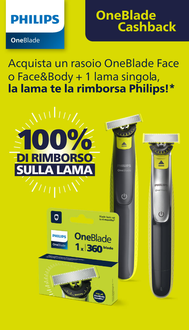 Immagine smartphone:  Cashback Lama OneBlade, acquista un rasoio OneBlade a scelta tra quelli coinvolti + 1 lama, riceverai il rimborso della lama.